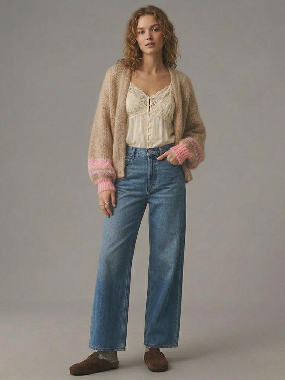 Anthropologie Fuzzy Camel Open-Front Knit Cardigan